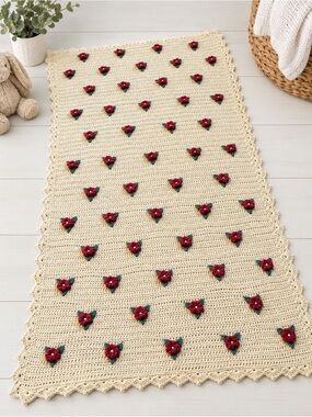 Vintage Handmade Crocheted Floral Pink and Cream Baby Cradle Blanket
